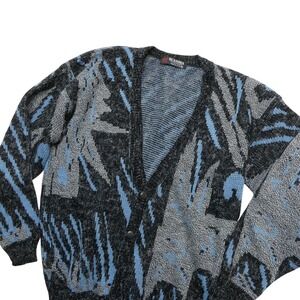 Vintage Scandia Sweater Mens XL Gray Blue Geometric Knit Cardigan Made USA
